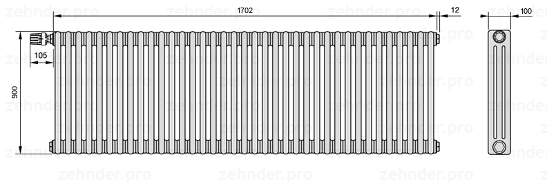 Схема (чертеж) Радиатор Zehnder Charleston 3090/37 №V012 Белый глянцевый RAL 9016